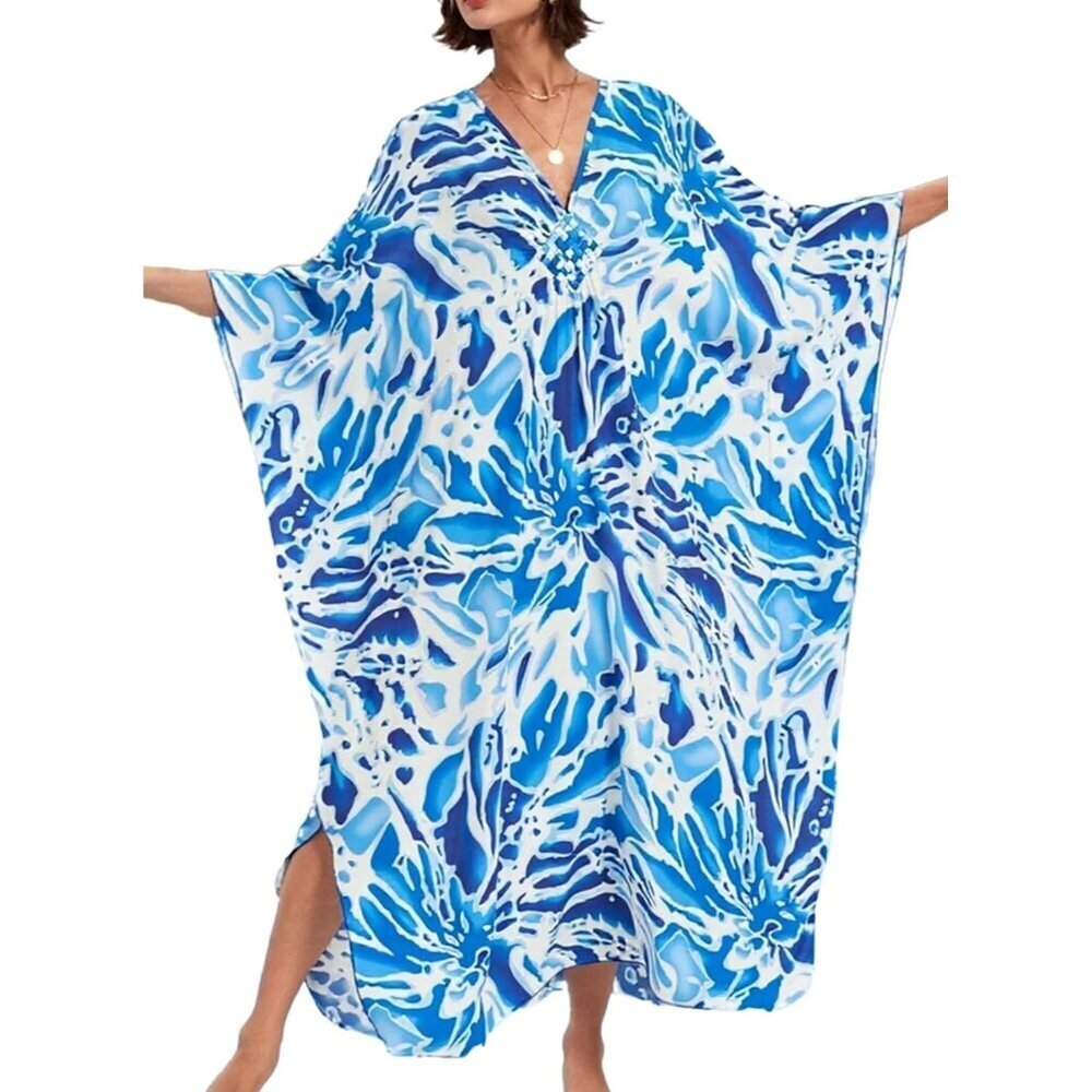Women's Blue White V-neck Batwing Sleeve Flowy Split Hem Bohemian Kaftan Dress
